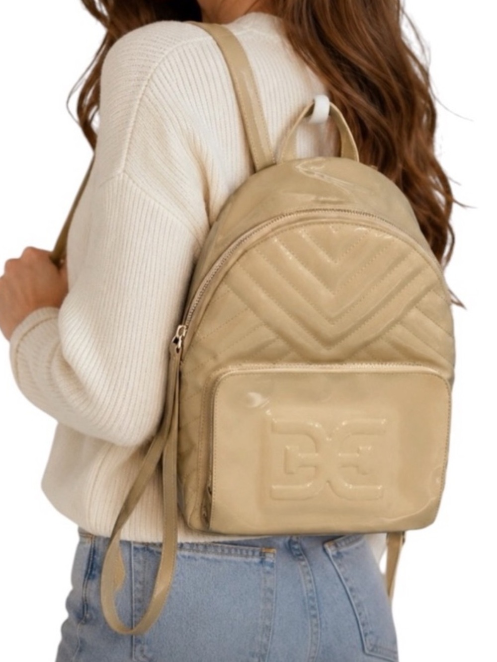 Sam Edelman Taja Ivory/Peach Quilted Faux Patent Leather Fashion Backpack NWOT!